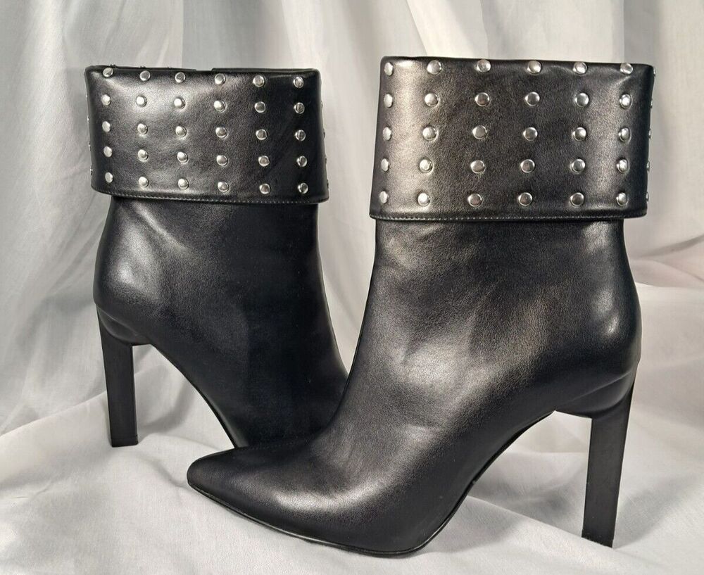 NEW Black Studded Stiletto Boot Geometric Heel Size 7.5 Faux Leather - Picture 1 of 13